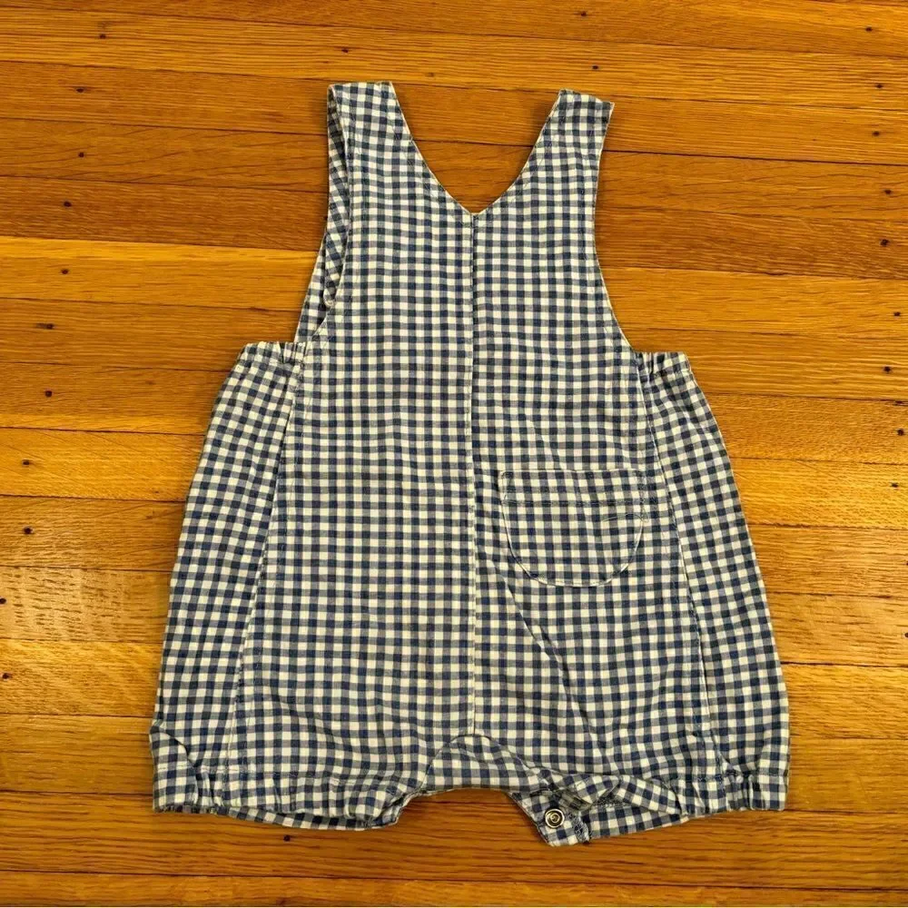 Le Top blue/white plaid soft embroidered overall shorts